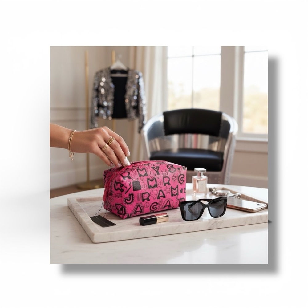 new Marc by Marc Jacobs 𒀭 Glossy Graffiti Print Zip Top Makeup Bag  𒀭 Ultra Pink